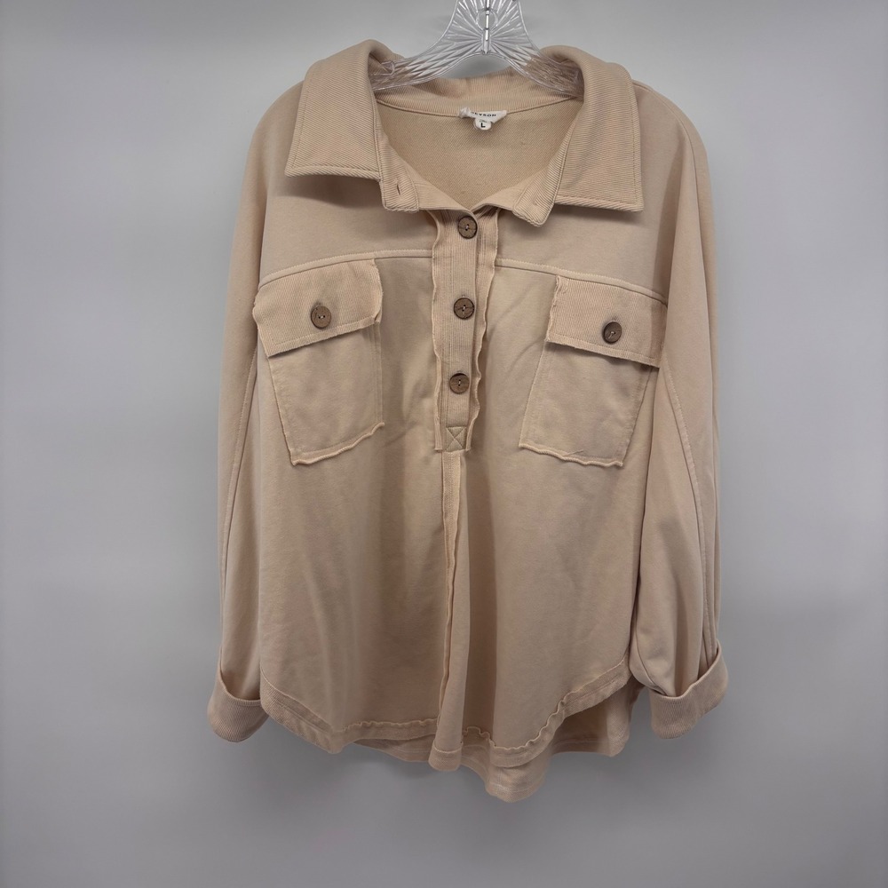 Heyson Women's Cream Beige Long‎ Sleeve Button Down Shirt Jacket Shacket